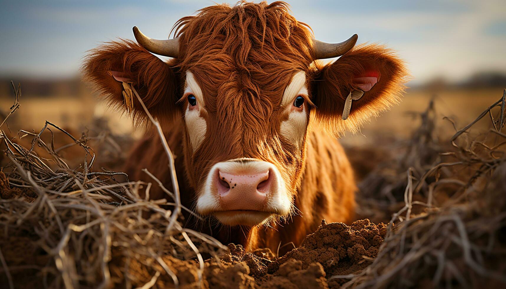 une mignonne vache pâturage sur une vert Prairie à le coucher du soleil généré par ai photo