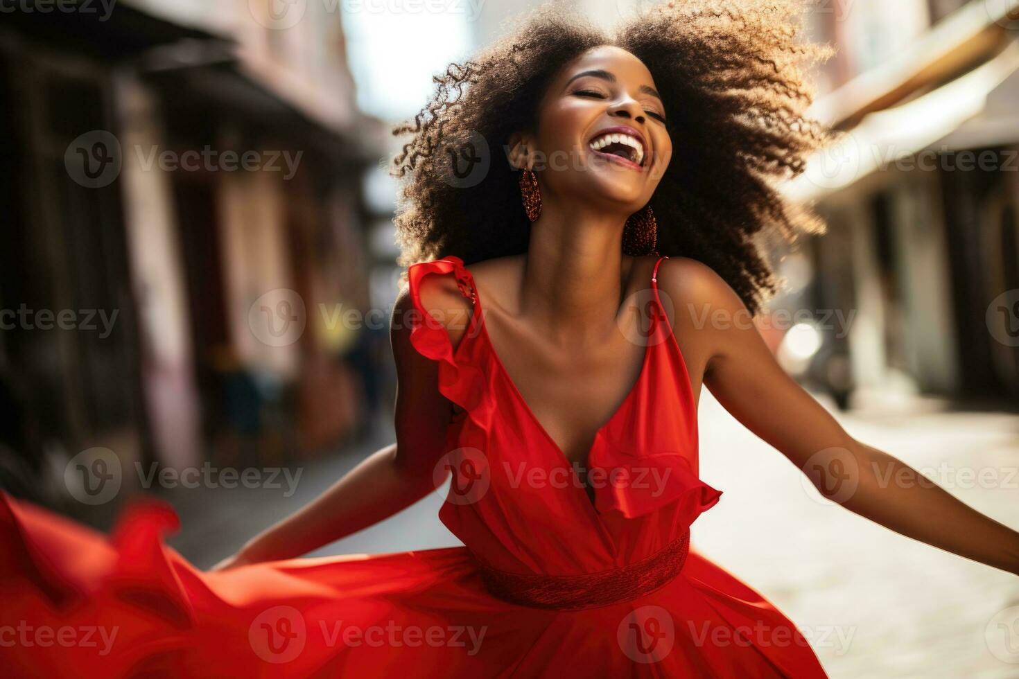 africain femme dans élégant rouge robe dansant ai généré photo