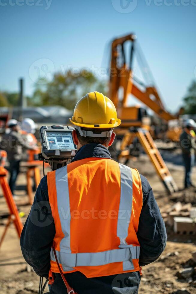 une homme des stands dans une Orange casque avec une tablette ai généré photo