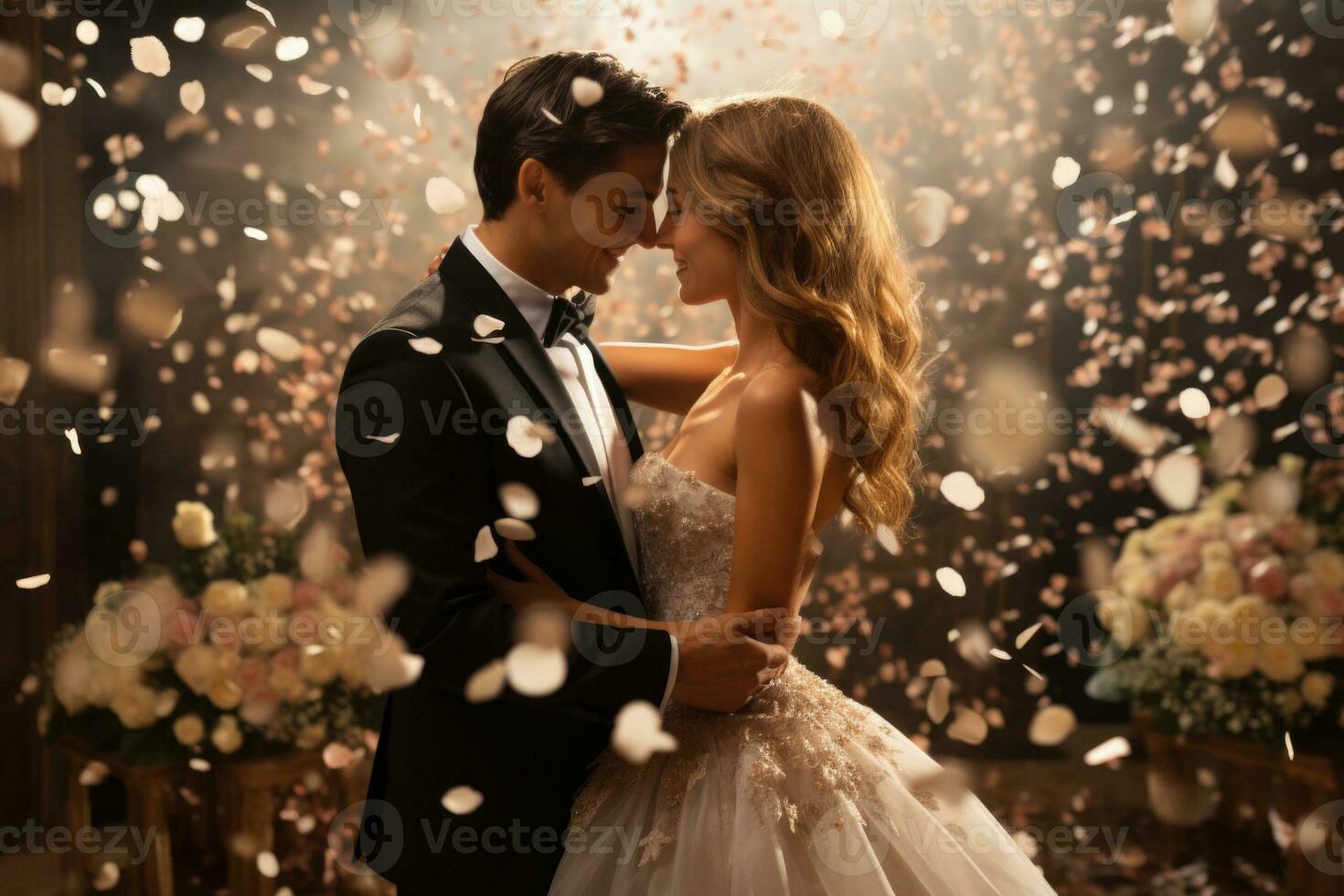 la mariée et élégant jeune marié dansant en dessous de d'or confettis à mariage réception génératif photo