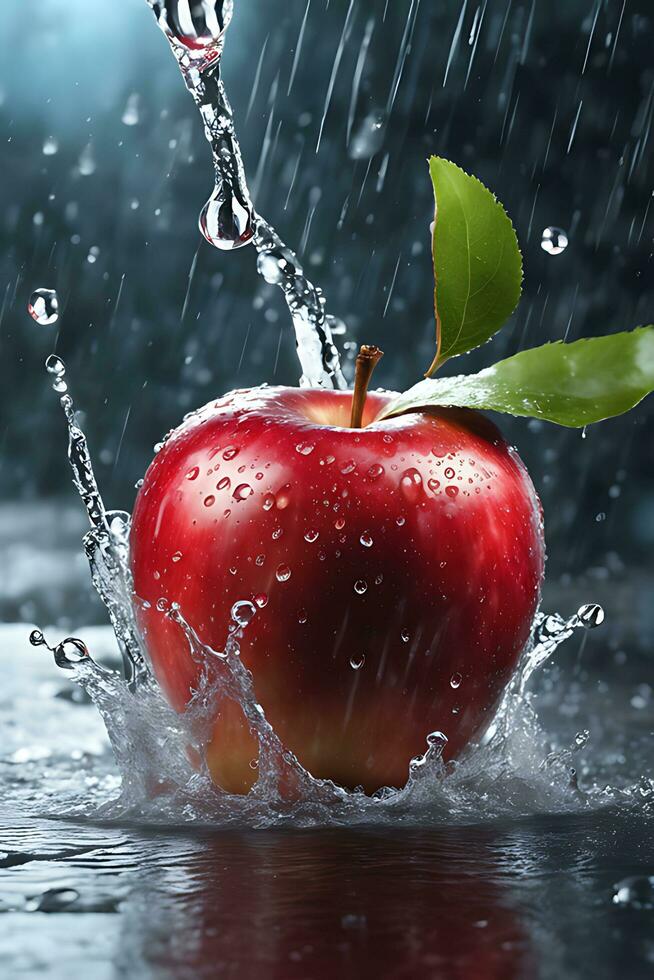 rouge Pomme chute dans pluie l'eau ai généré photo