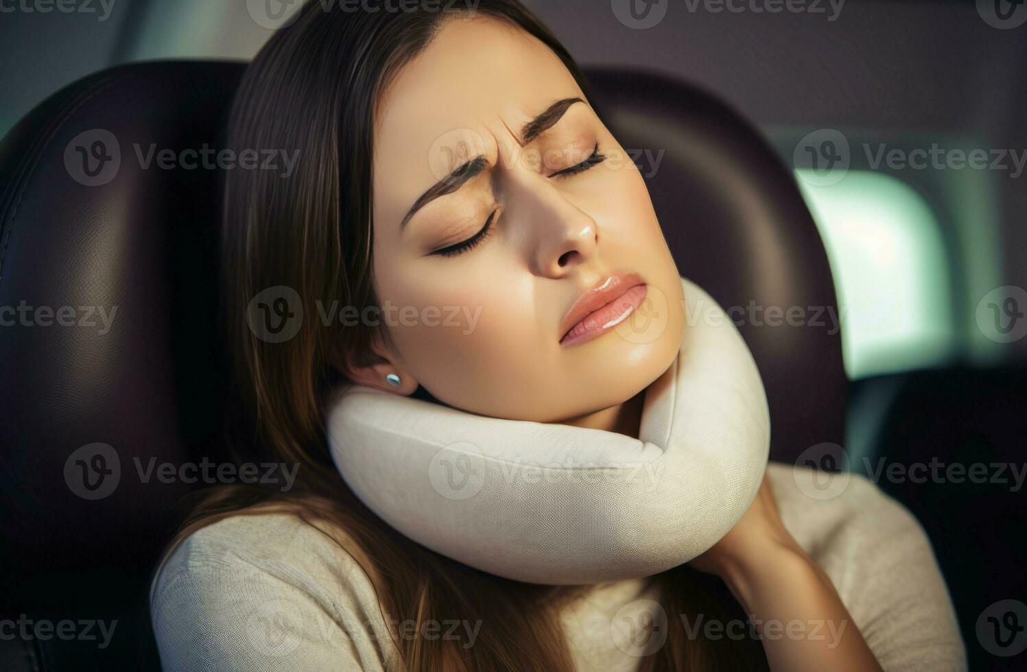 femme oreiller avion repos. produire ai photo