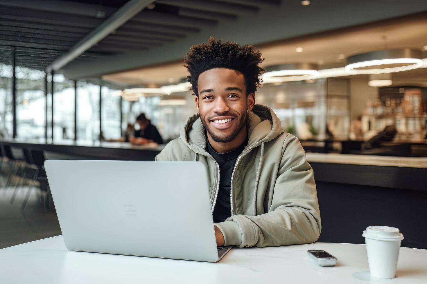 portrait de de bonne humeur noir Masculin étudiant apprentissage en ligne dans café boutique, Jeune africain américain homme études avec portable dans café, Faire devoirs photo