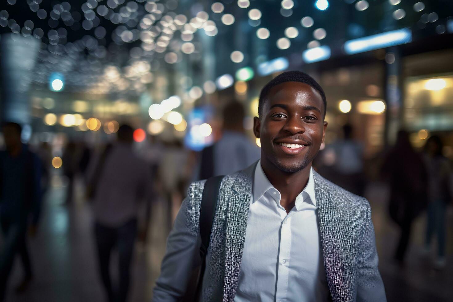 portrait de content africain américain homme d'affaire en marchant sur rue à nuit, souriant noir directeur dans moderne ville entouré par flou personnes. photo