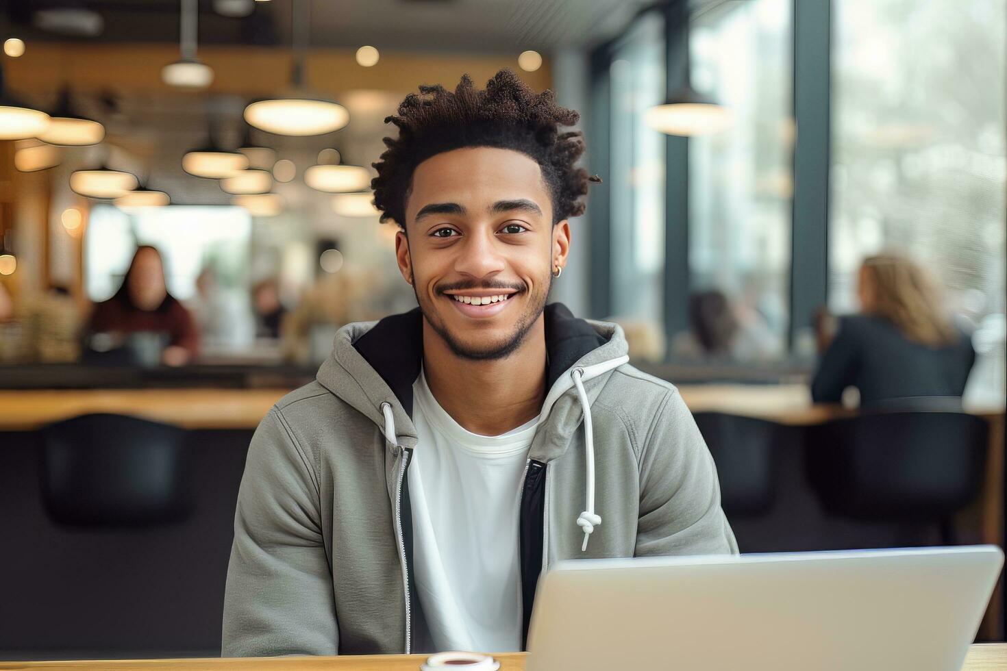 portrait de de bonne humeur noir Masculin étudiant apprentissage en ligne dans café boutique, Jeune africain américain homme études avec portable dans café, Faire devoirs photo