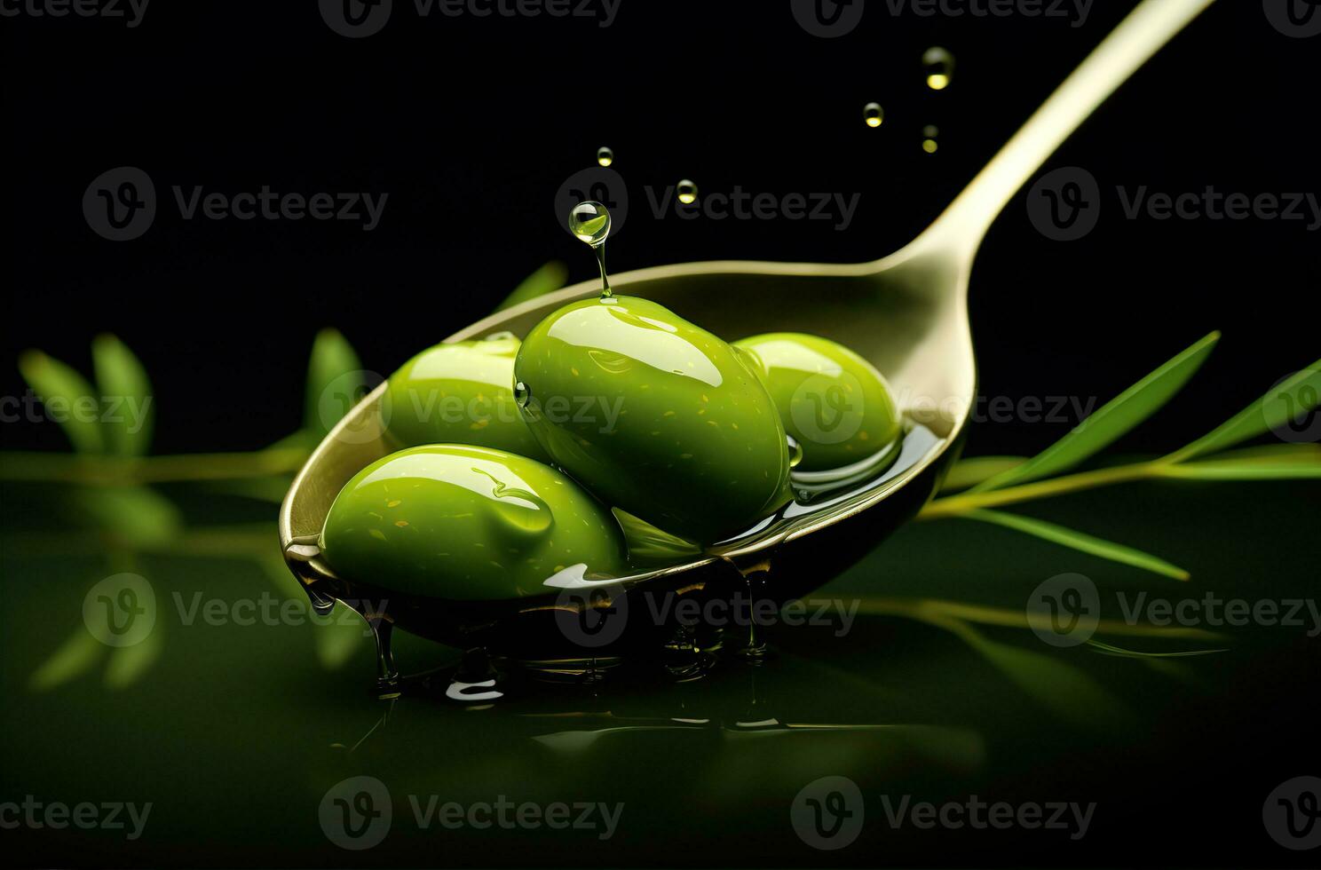 olive pétrole sur vert Olives avec feuilles. établi avec génératif ai photo