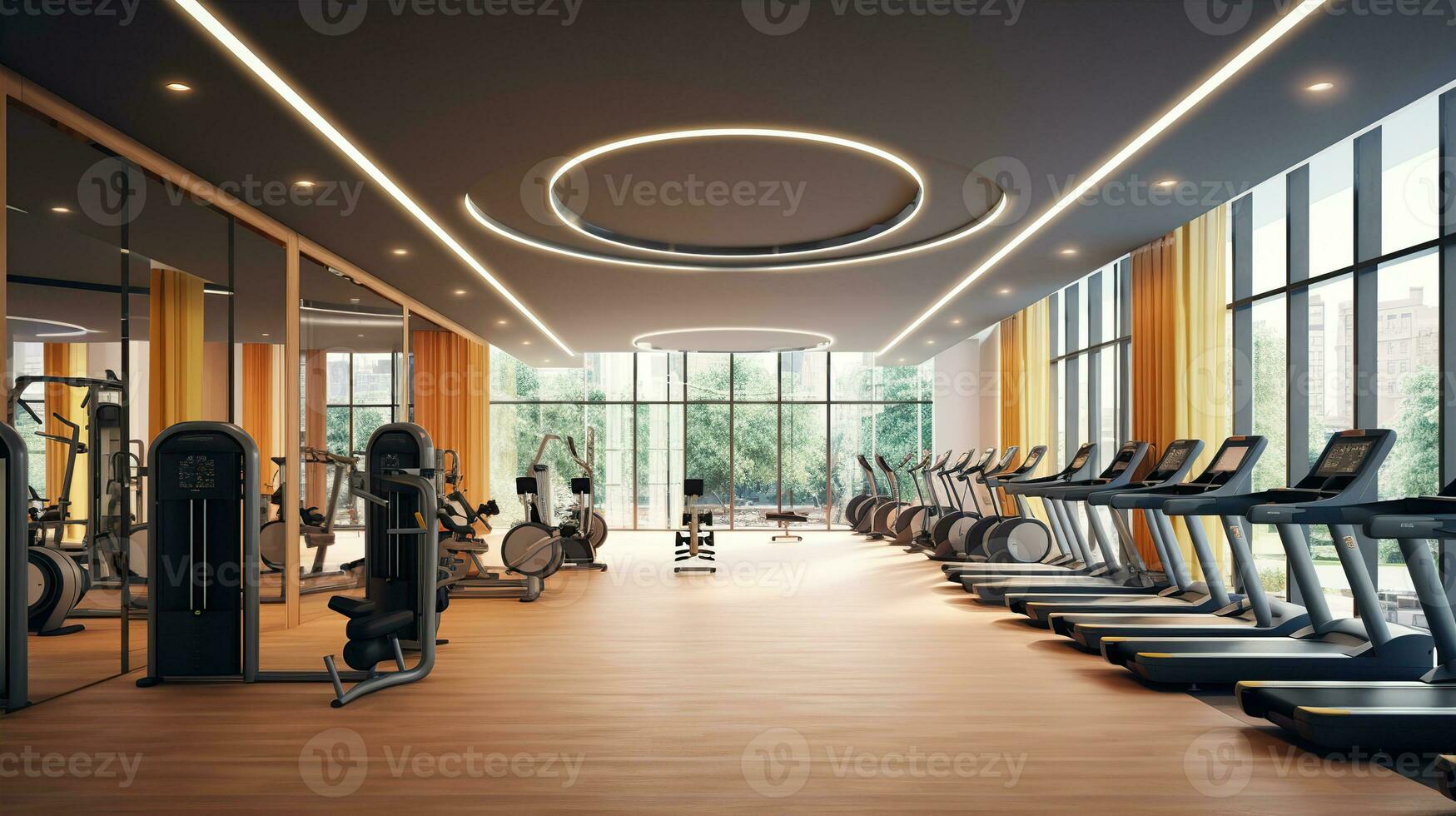 dans Gym avec moderne aptitude équipement pour aptitude événements et plus. moderne de Gym intérieur avec équipement. des sports équipement dans le salle de sport. établi avec génératif ai photo