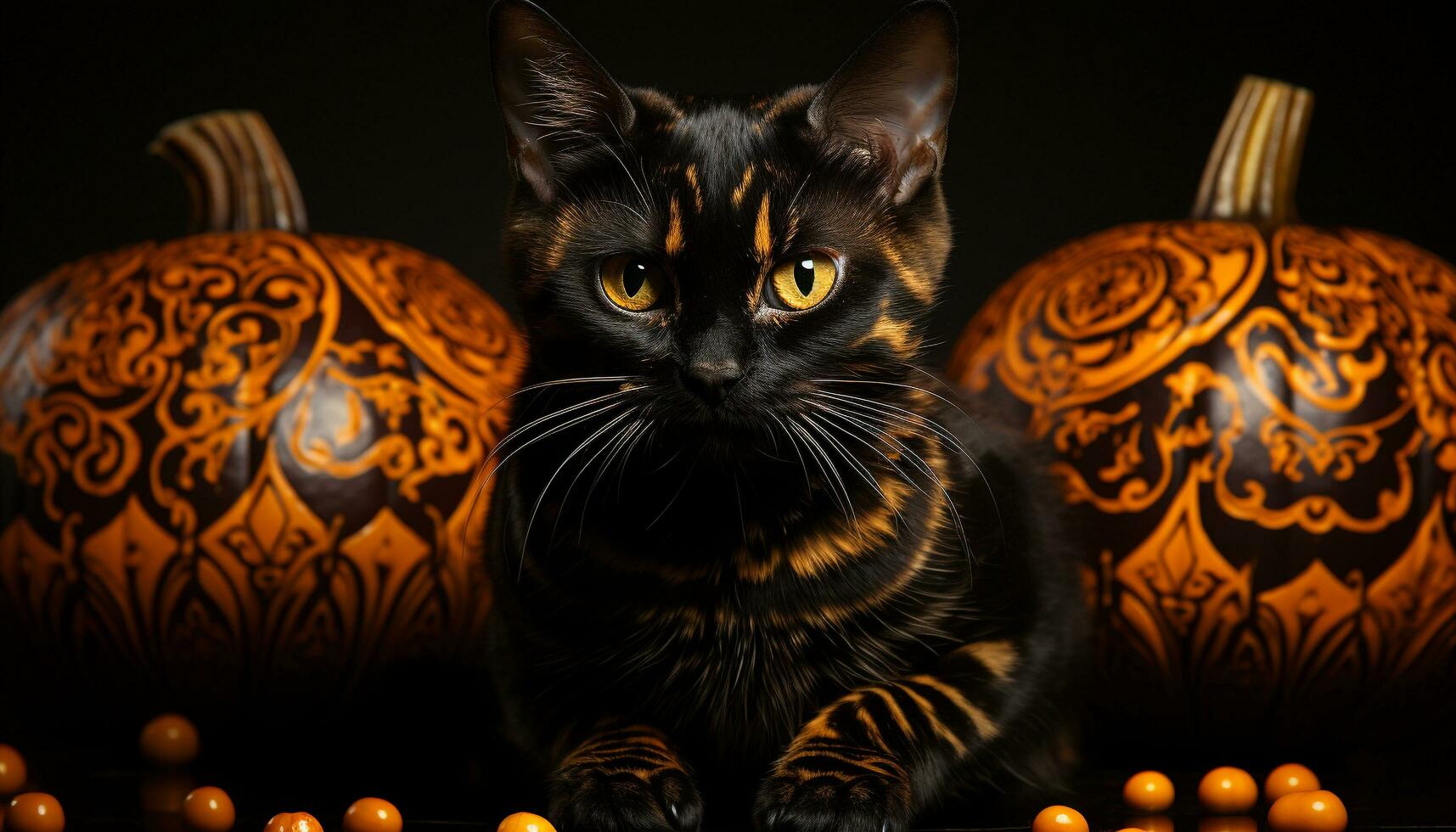 mignonne chaton avec citrouille lanterne, célébrer effrayant Halloween nuit généré par ai photo