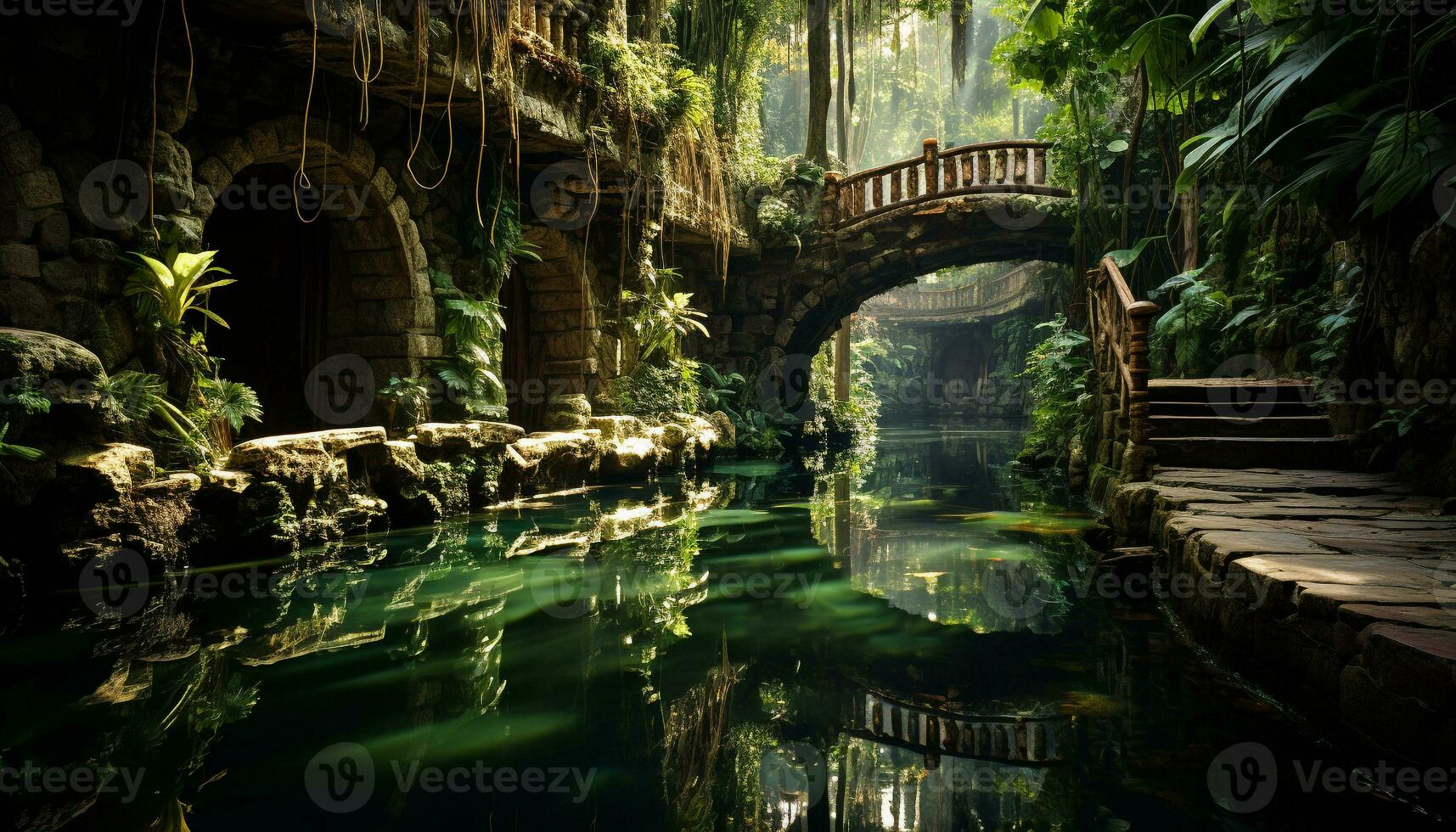 tranquille scène la nature beauté réfléchi dans homme fabriqué pont plus de étang généré par ai photo