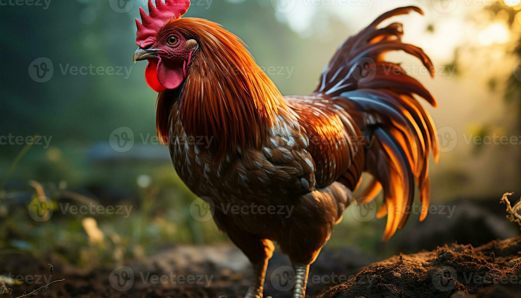 majestueux coq permanent dans cultiver, chant avec agression généré par ai photo