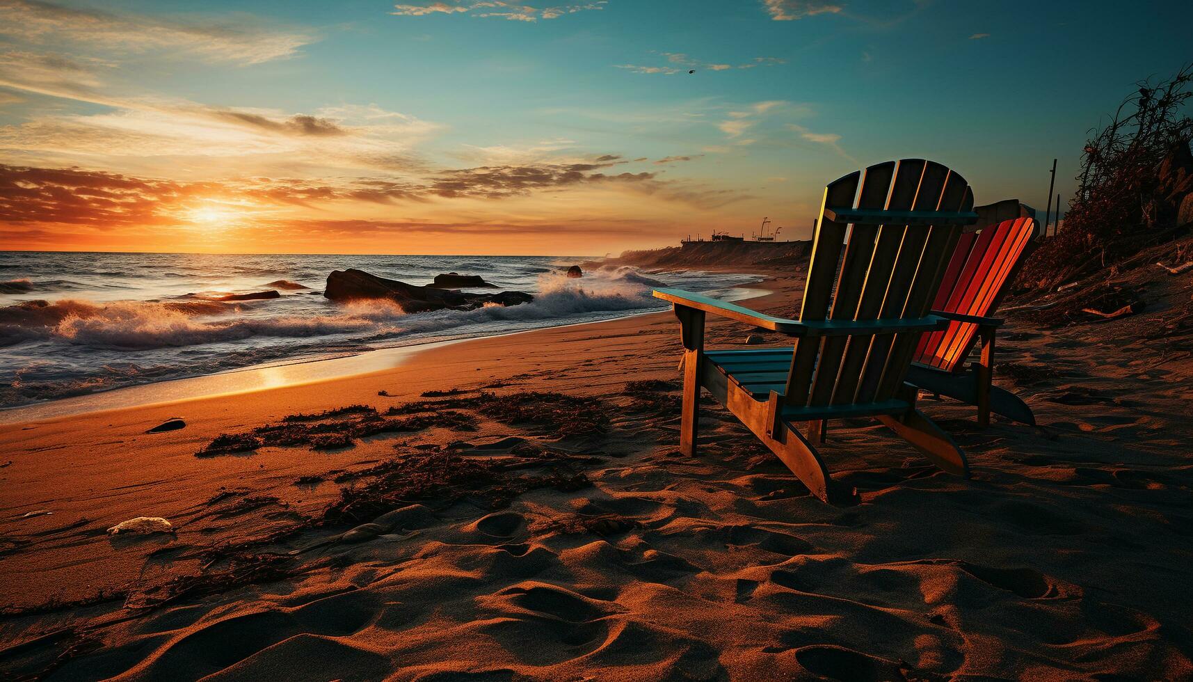 le coucher du soleil plus de le tranquille littoral, la nature beauté dans relaxation généré par ai photo