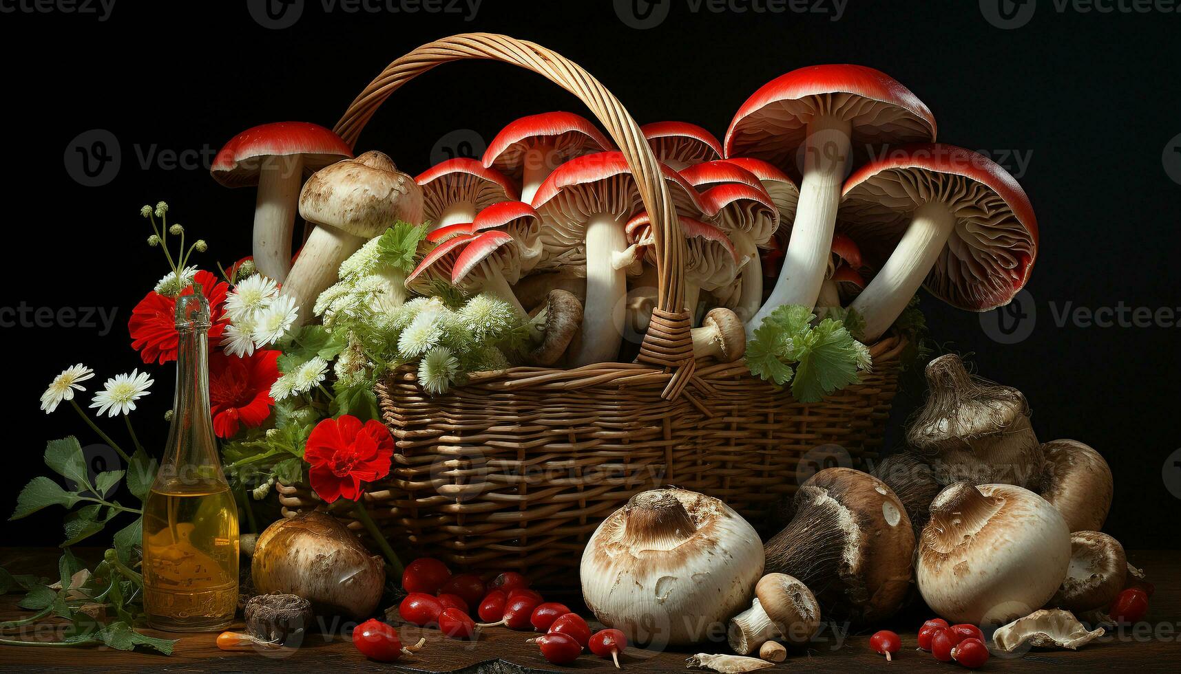 Frais comestible champignons dans une osier panier, la nature en bonne santé gourmet généré par ai photo