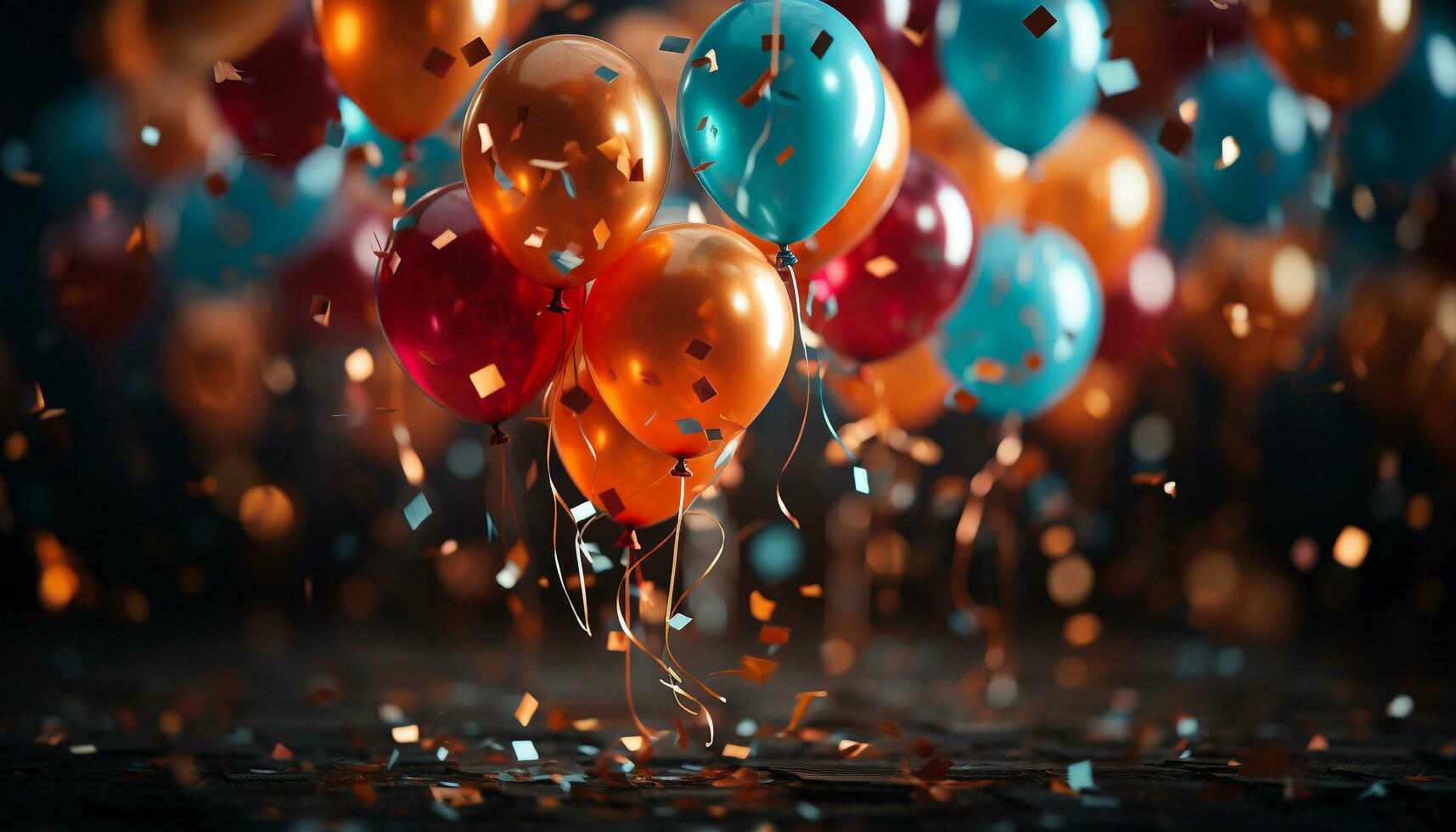 anniversaire fête avec coloré des ballons, confettis, et joyeux fête généré par ai photo