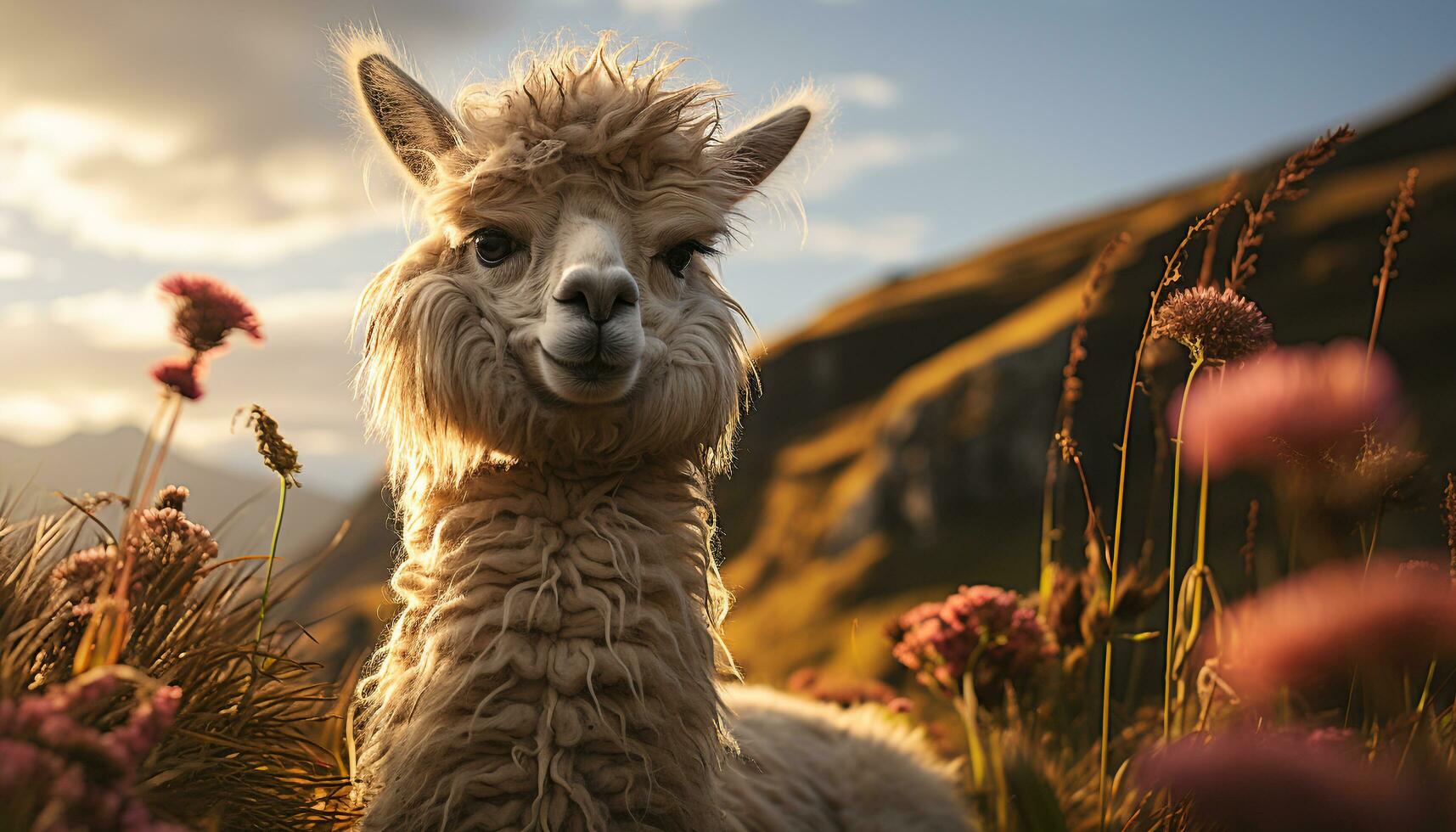 mignonne alpaga pâturage sur herbe, profiter le rural le coucher du soleil généré par ai photo