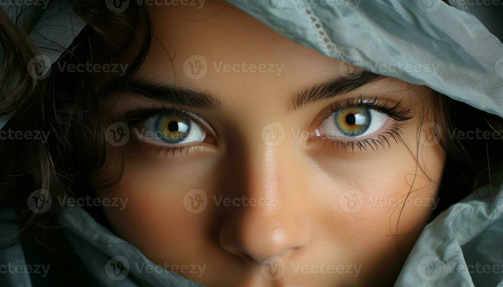 souriant Jeune femme avec bleu yeux, beauté dans proche en haut portrait généré par ai photo