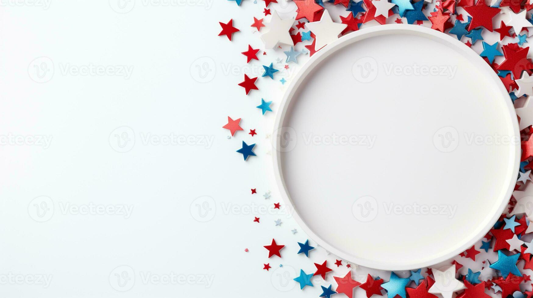 4e de juillet arrière-plan, Etats-Unis présidents jour, indépendance jour, Mémorial jour, nous élection concept. rouge blanc et bleu papier Ventilateurs avec étoiles confettis. plat poser, Haut voir, bannière génératif ai photo