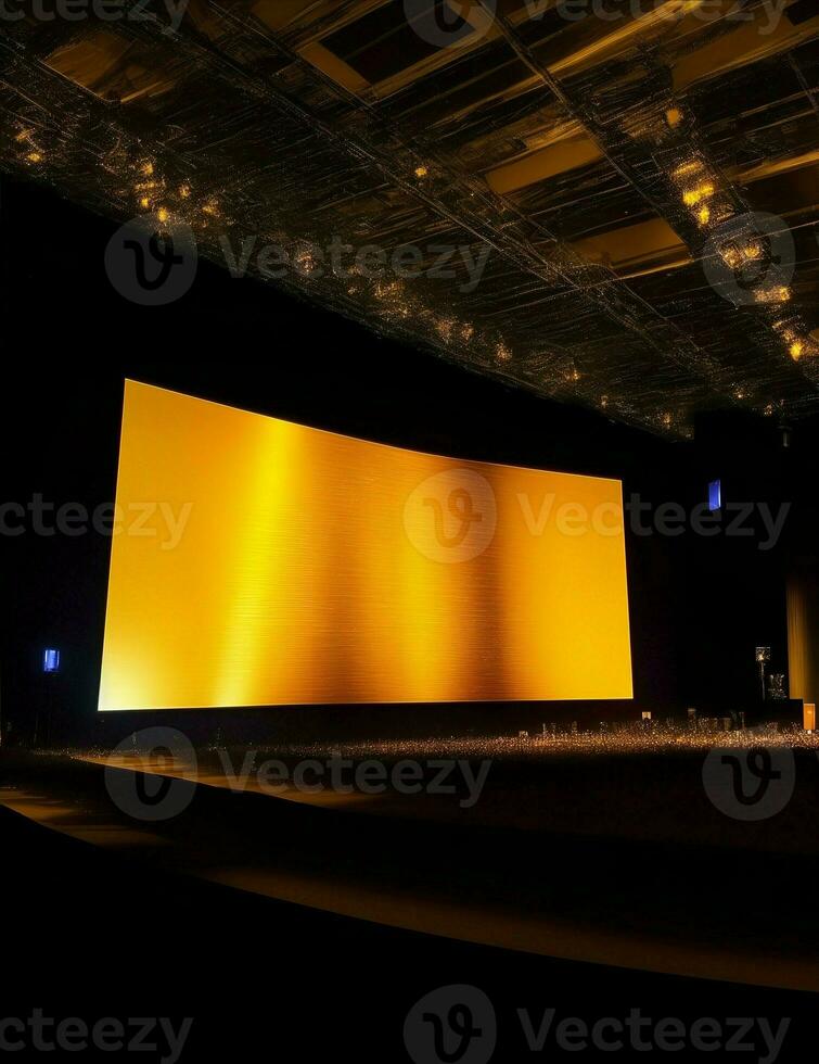 grand écran afficher à affaires événement, nuit dans grand pièce avec illuminé Jaune et Orange lumières illustration photo