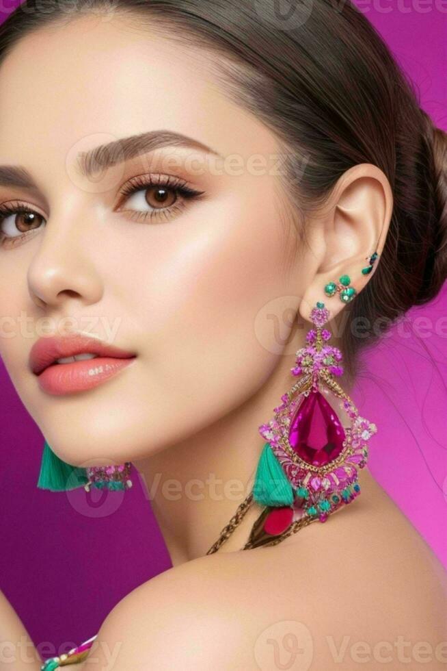 femme avec nu épaules duveteux des boucles d'oreilles bijoux luxe. ai génératif pro photo