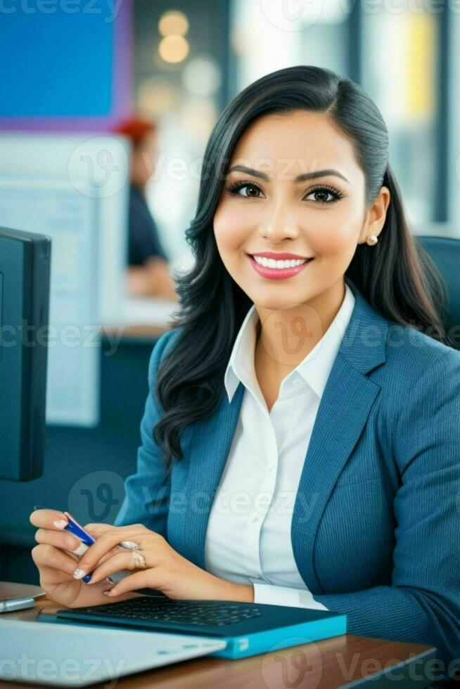 femme d'affaires dans le milieu de une moderne bureau. ai génératif pro photo