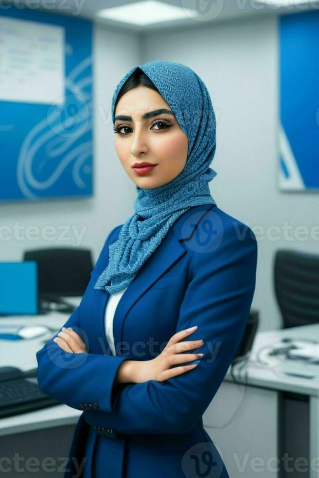 femme d'affaires dans le milieu de une moderne bureau. ai génératif pro photo