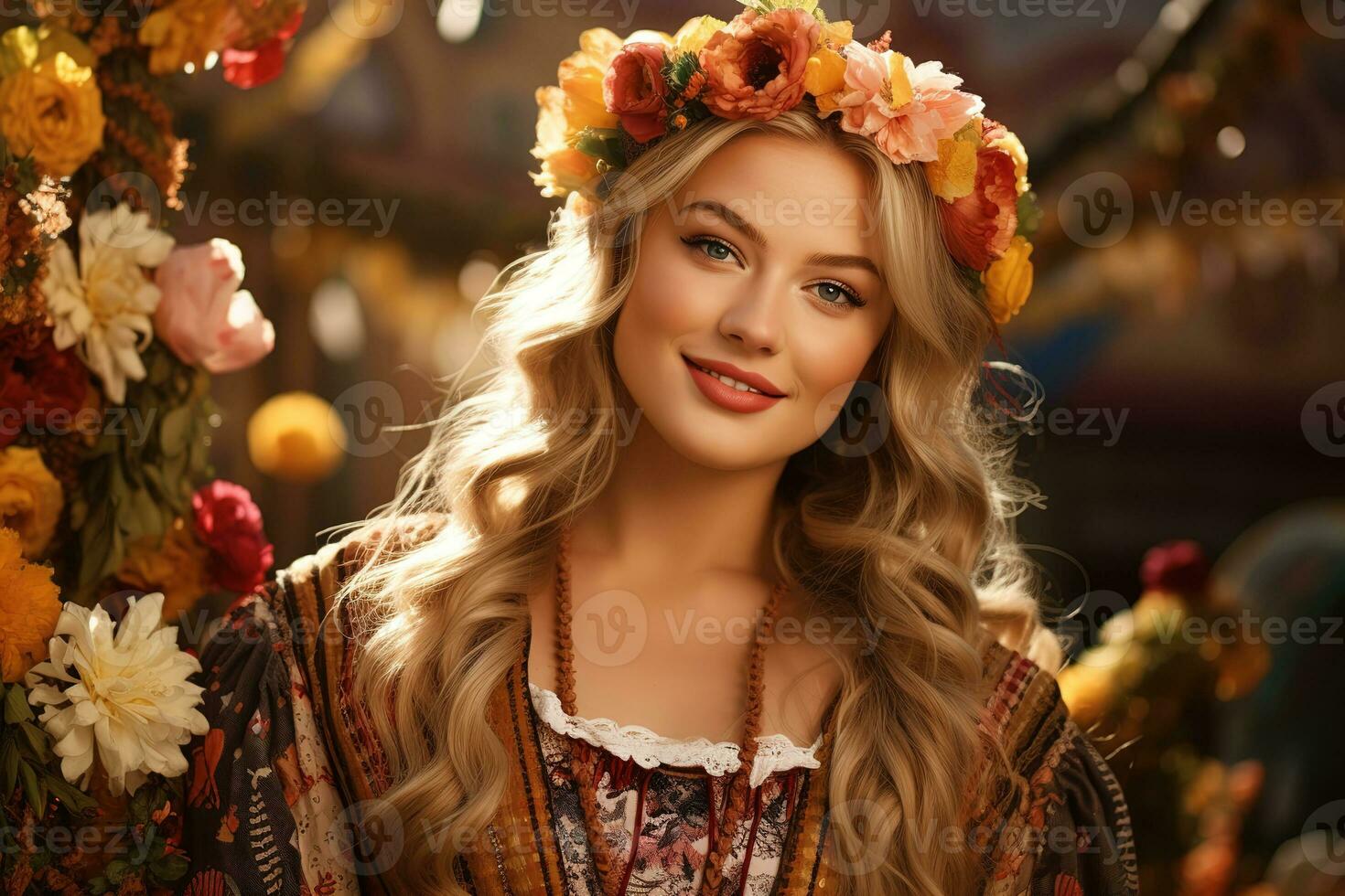 magnifique slave Jeune femme dans traditionnel costume et couronne de fleurs photo