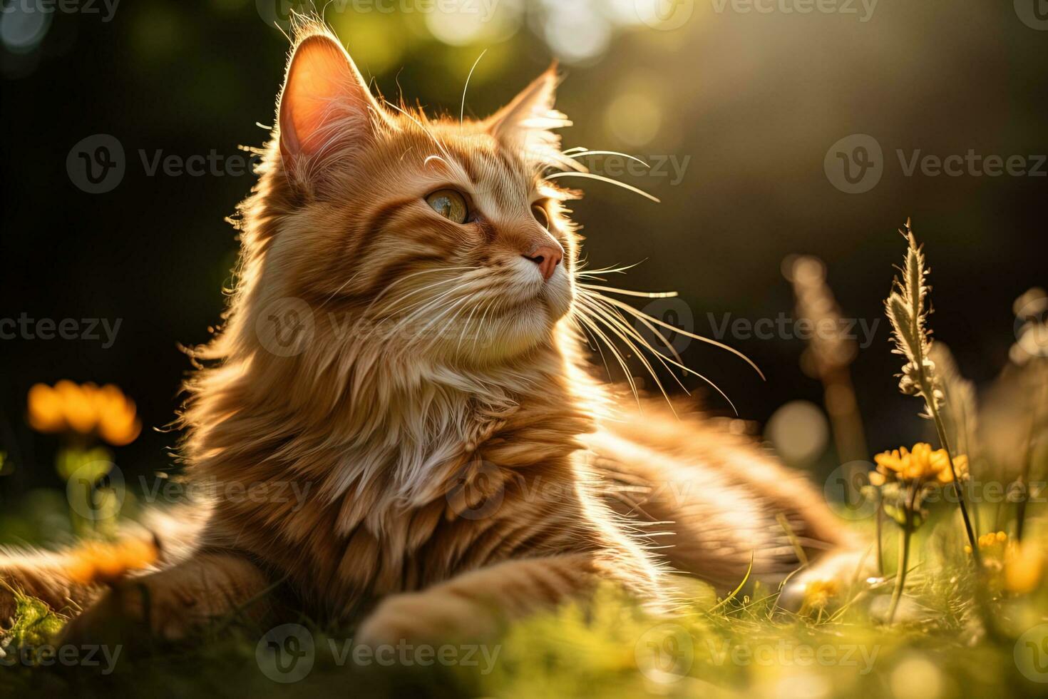 portrait de une mignonne duveteux gingembre chat dans le jardin dans le coucher du soleil photo