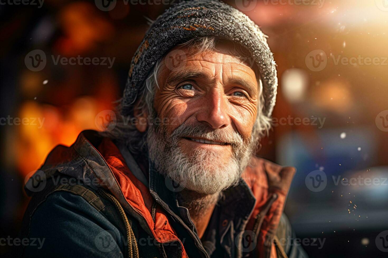 vieux personnes âgées gris aux cheveux sans abri homme dans une chapeau sur une flou Contexte photo