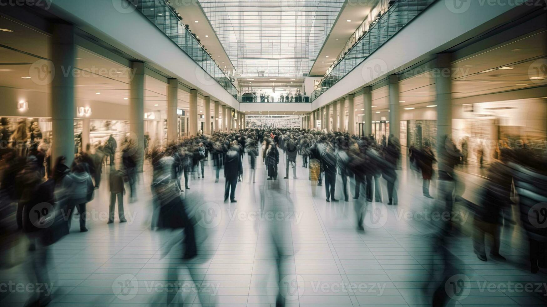 gens dans mouvement sont flou dans le atrium de une achats centre. vue au dessus le foule photo