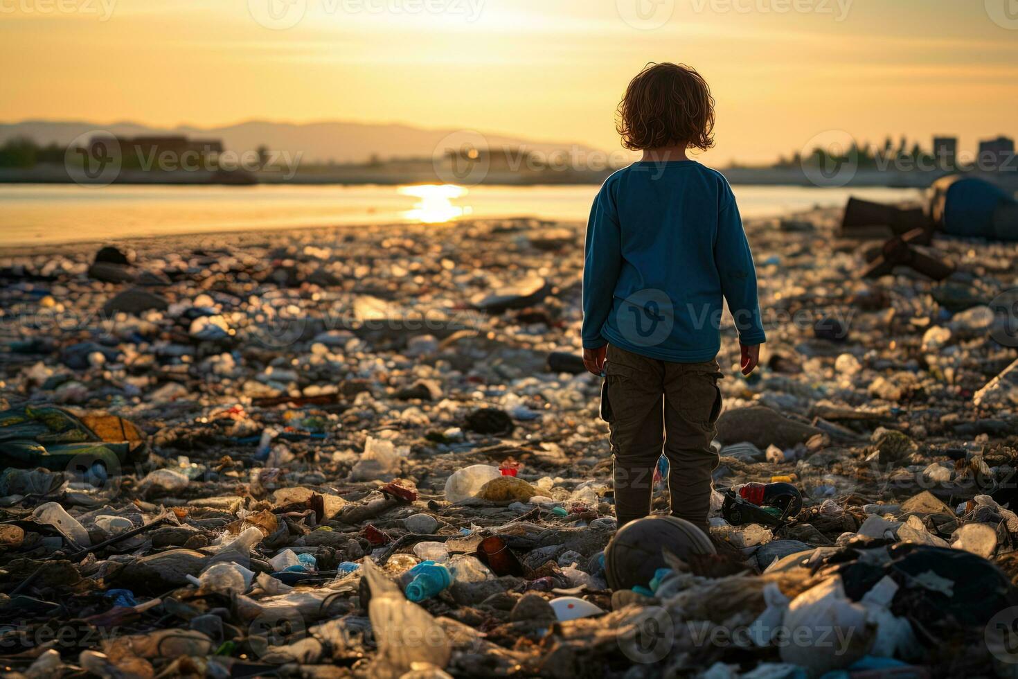 une enfant sur une pollué rive regards à le le coucher du soleil. le concept de le avenir, écologie et la nature la pollution photo