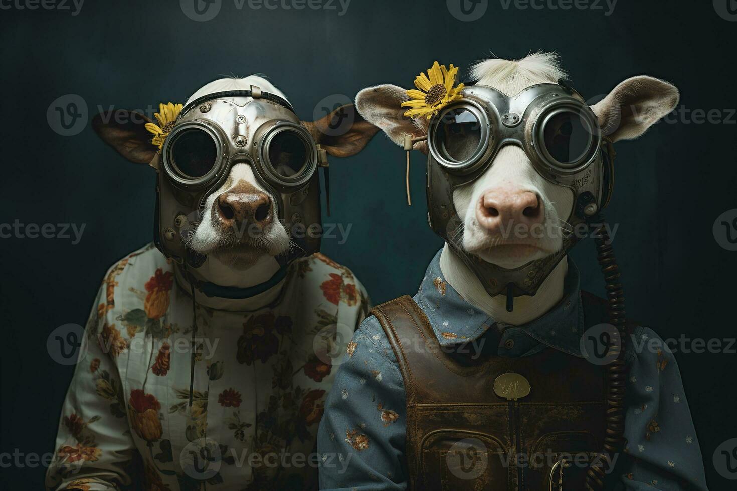 deux vaches dans futuriste Publier apocalyptique masques et Humain vêtements photo