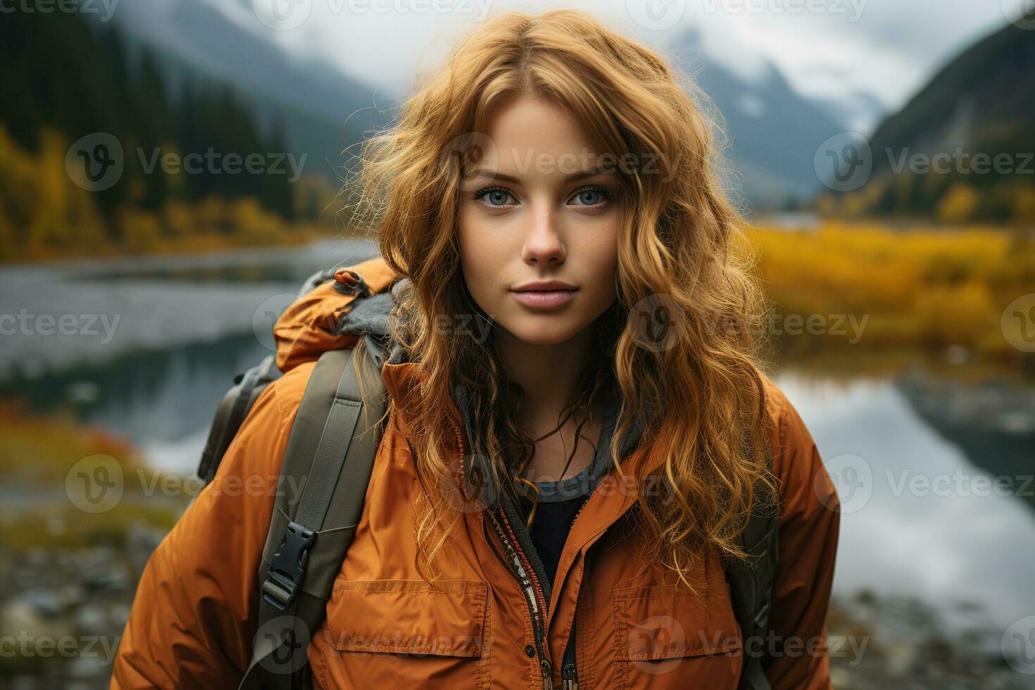 Jeune attrayant femme dans un Orange touristique veste avec une sac à dos sur le Contexte de une Montagne Lac photo