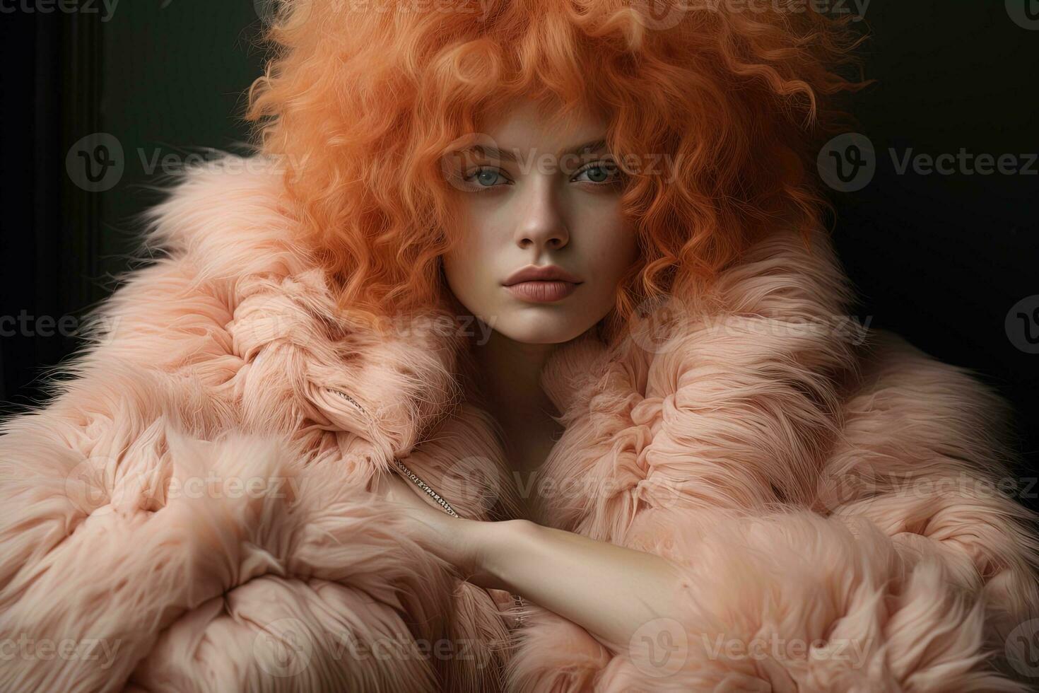 Jeune magnifique roux frisé charmant femme modèle avec bleu yeux dans une lumière rose fourrure manteau sur une foncé Contexte photo