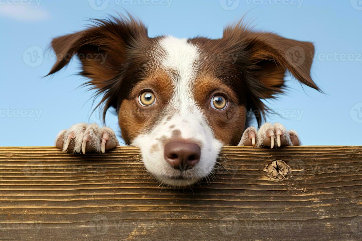 mignonne marron et blanc chien furtivement en dehors de une en bois planche contre une bleu ciel photo