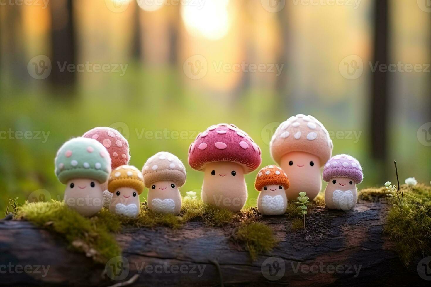 ensemble de mignonne se sentait jouets champignons dans pastel couleurs sur une flou forêt Contexte photo