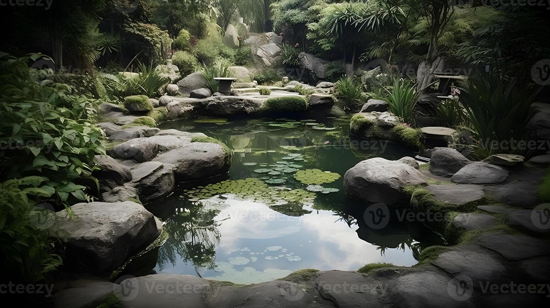 paysage de magnifique calme poisson étang zone plein avec verdoyant nature, serein vert arbre, paisible et tranquille scène. ai généré et ai génératif. photo