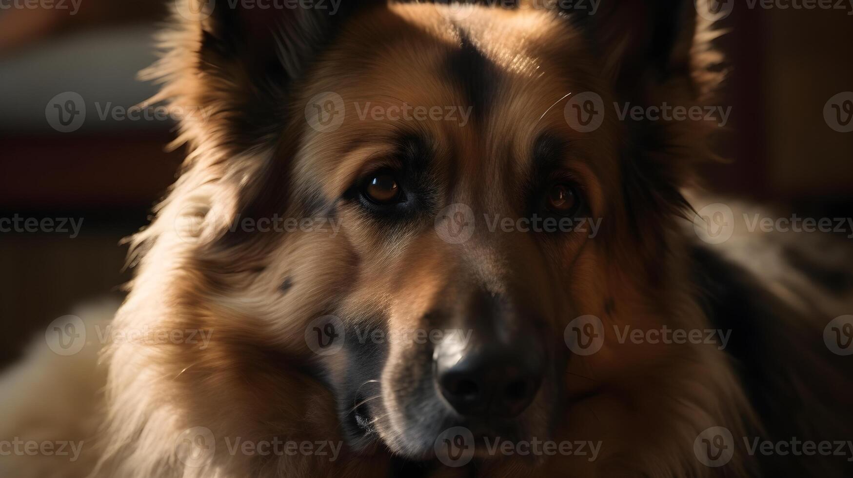 proche en haut poilu marron noir vieux allemand berger chien rester, regard et Regardez à quelque chose, chien garde à Accueil Contexte. ai généré photo