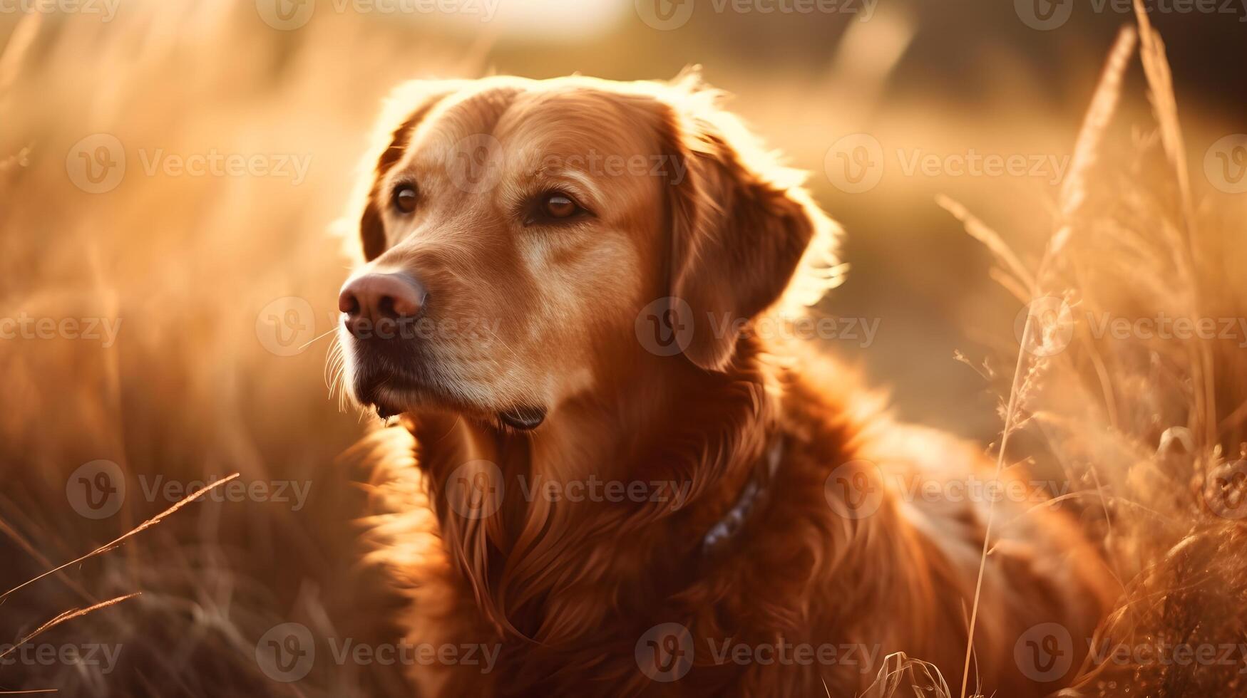 proche en haut magnifique blond d'or retriever chien explorer en marchant et permanent dans le milieu de le prairie, la nature Contexte. ai généré photo