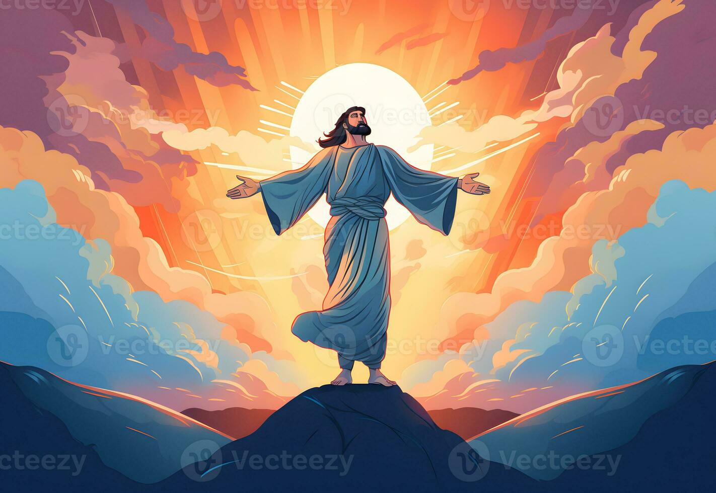 ressuscité Jésus Christ à le sommet de la montagne. Dieu, paradis et seconde à venir concept photo