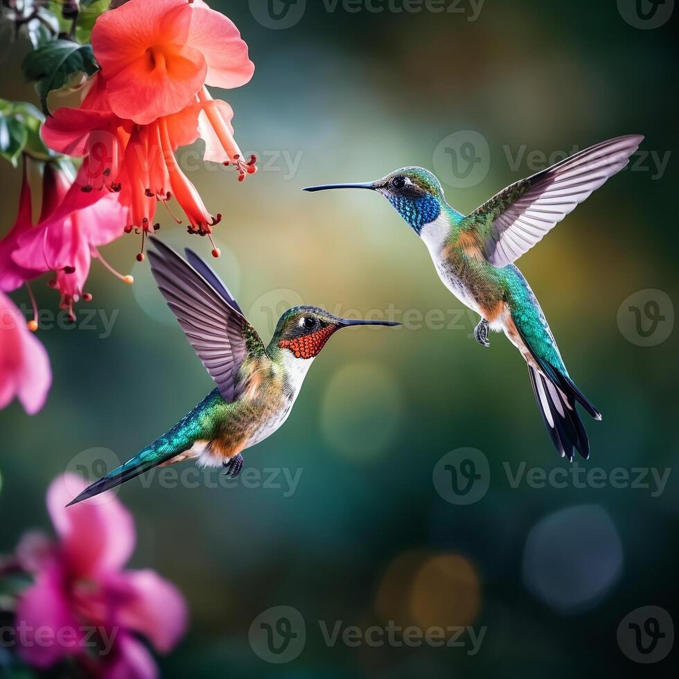 une couple bourdonnement oiseau et fleur ai génératif photo