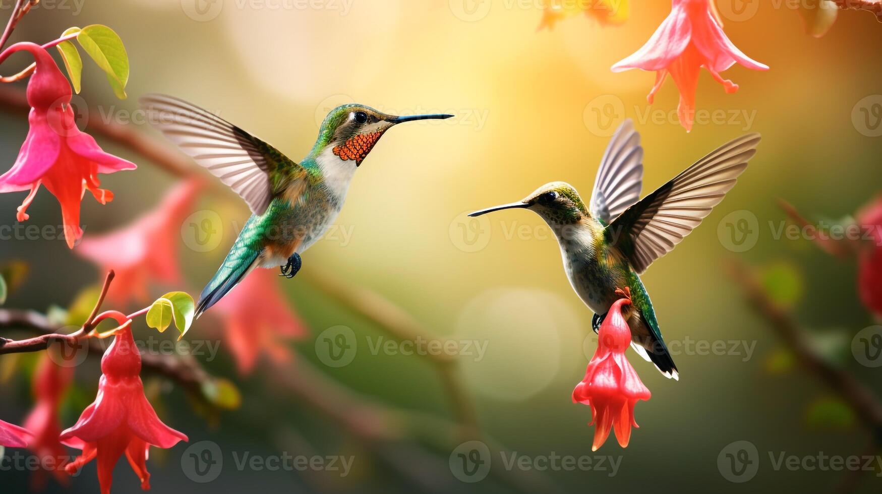 une couple bourdonnement oiseau et fleur ai génératif photo