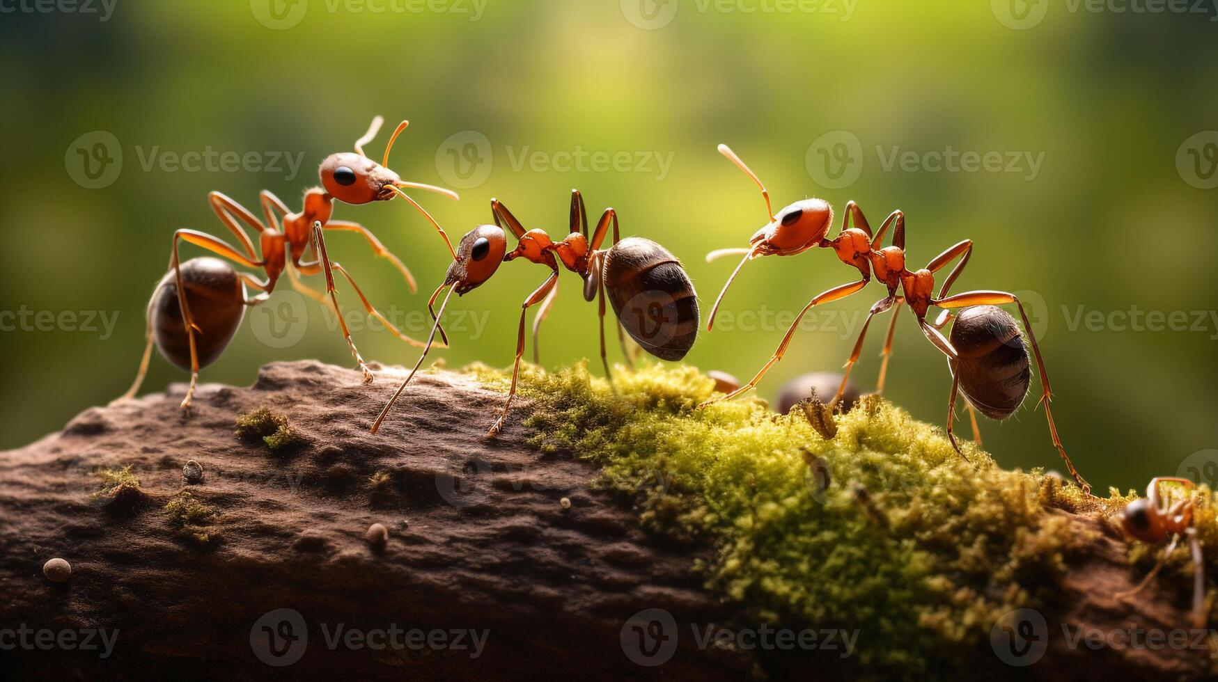 macro photo de fourmis sur moussu bois dans pluvieux forêt ai génératif