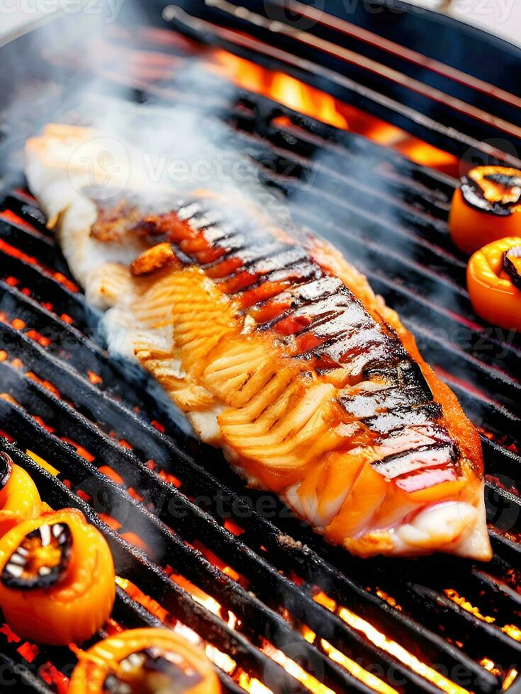 grillé Saumon steak sur le gril avec flammes dans le Contexte. génératif ai. photo