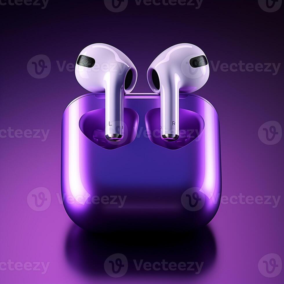 un airpods dans violet Couleur ai génératif photo