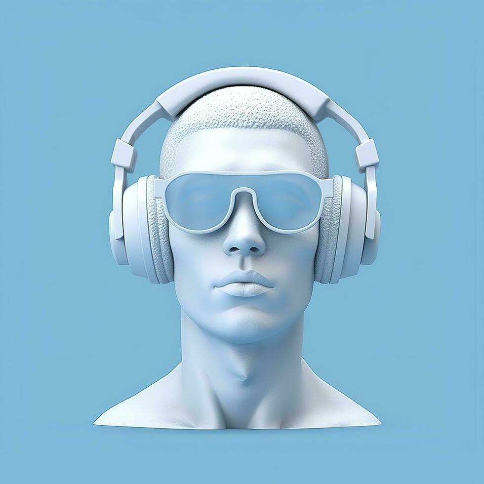 minimal scène de des lunettes de soleil et écouteurs sur Humain tête sculpture, la musique concept, 3d le rendu. ai génératif photo