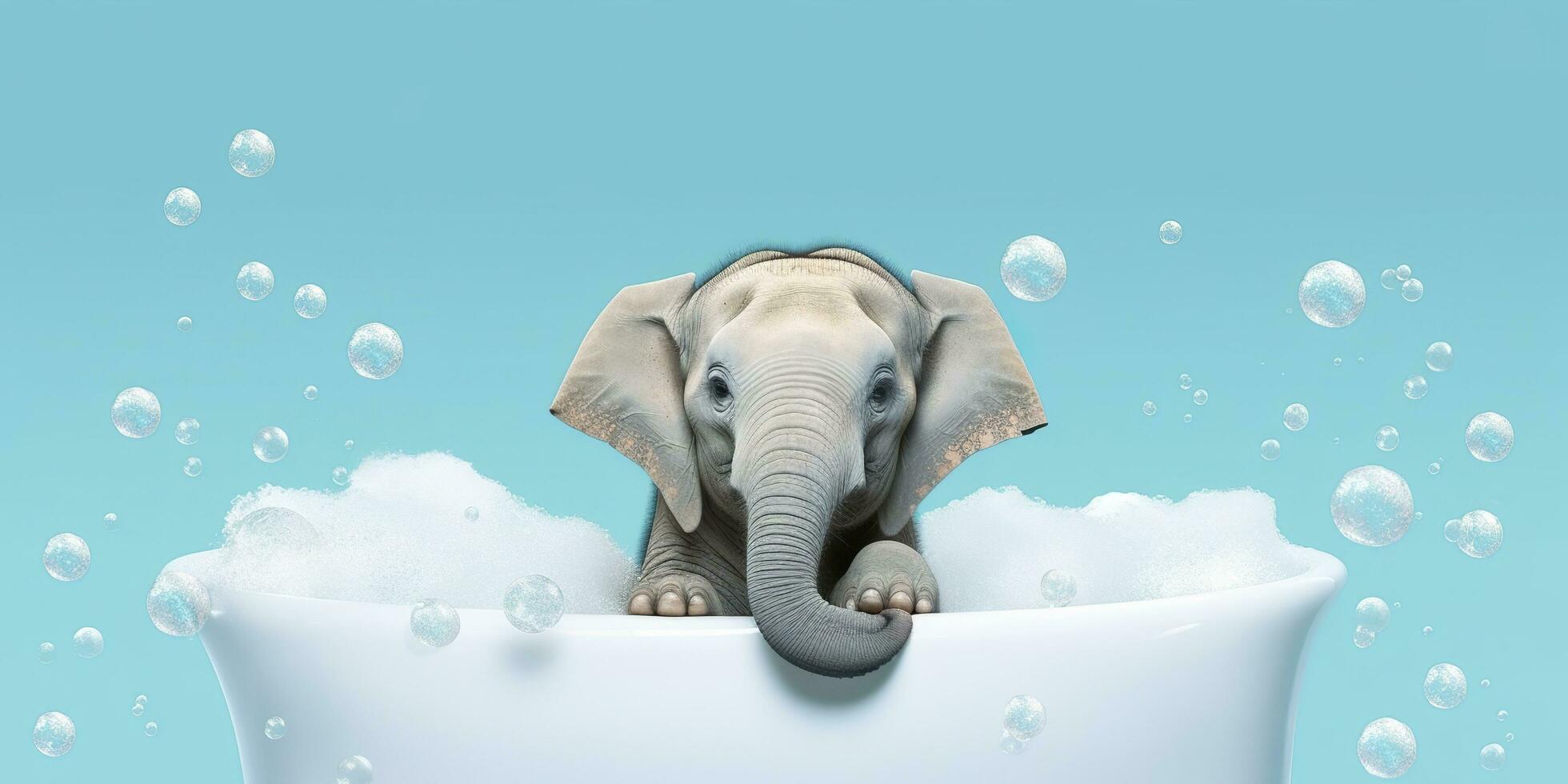 minimaliste albinos l'éléphant dans une baignoire de savon bulles contre une cyan Contexte. ai génératif photo