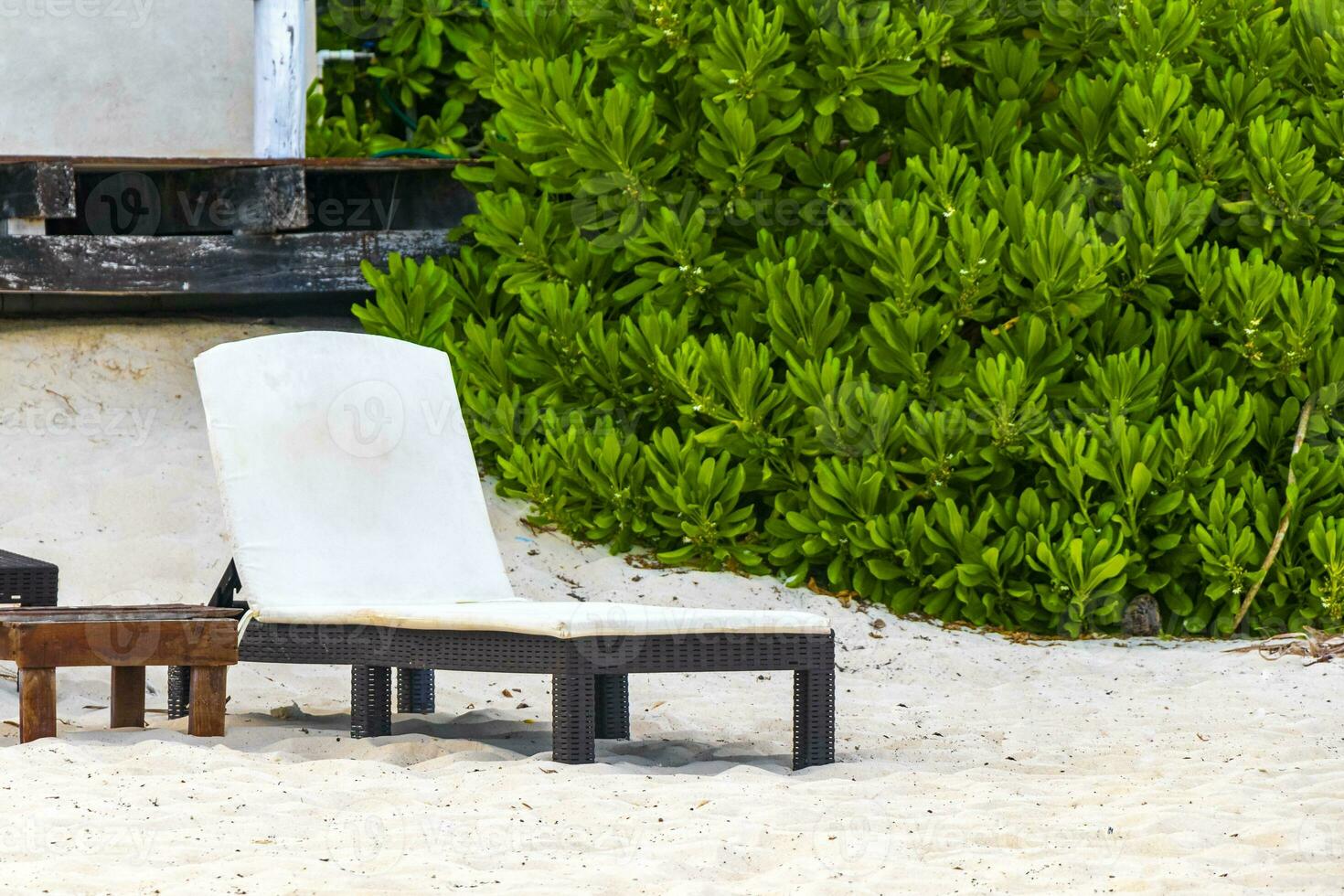 palapa chaume toits paumes des parasols Soleil chaises longues plage recours Mexique. photo