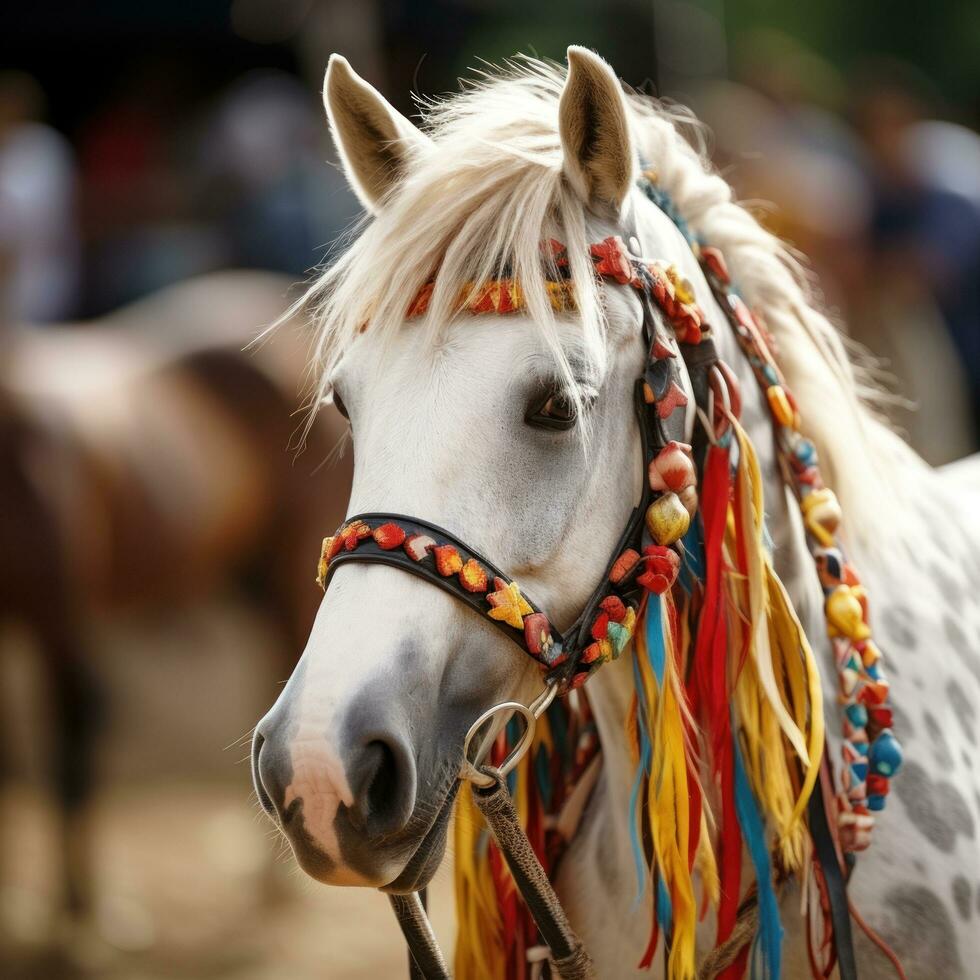 fermer de une loisir d'équitation avec une coloré crinière et rênes photo