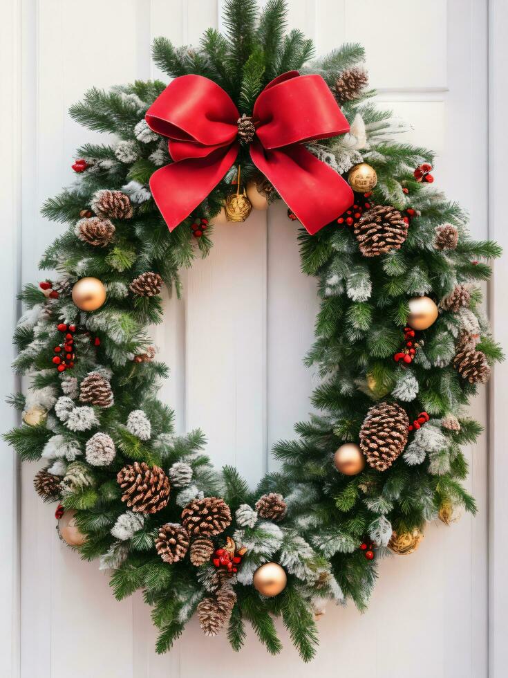 porte maison décoré pour le hiver avec Noël couronne en utilisant ai génératif photo