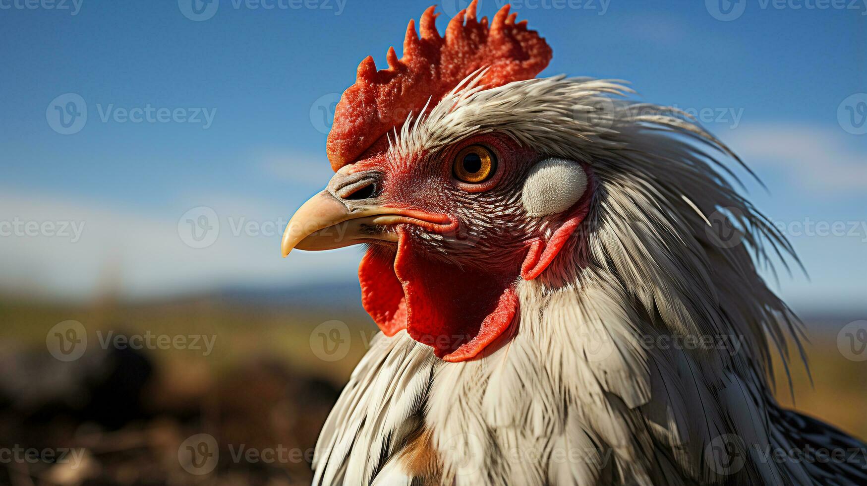 fermer photo de une coq nain poulet à la recherche tout direction. génératif ai