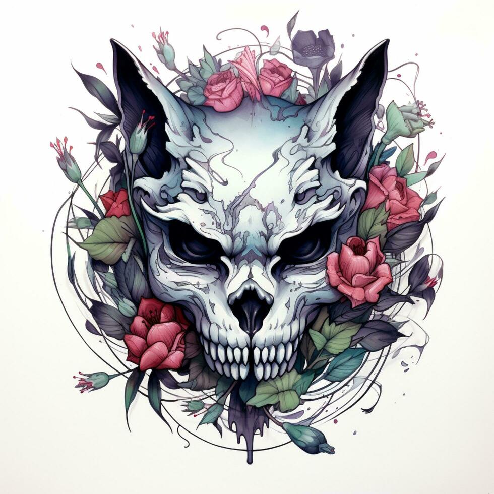 chat crâne avec fleur illustration art sur blanc Contexte photo